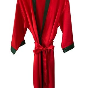 Victoria's Secret Red Satin Robe with Green Trim